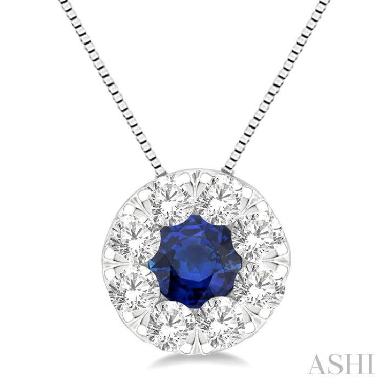 3.8 MM Sapphire and 1/3 Ctw Round Cut Lovebright Diamond Precious Pendant With Chain in 14K White Gold
