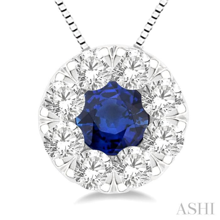 3.8 MM Sapphire and 1/3 Ctw Round Cut Lovebright Diamond Precious Pendant With Chain in 14K White Gold