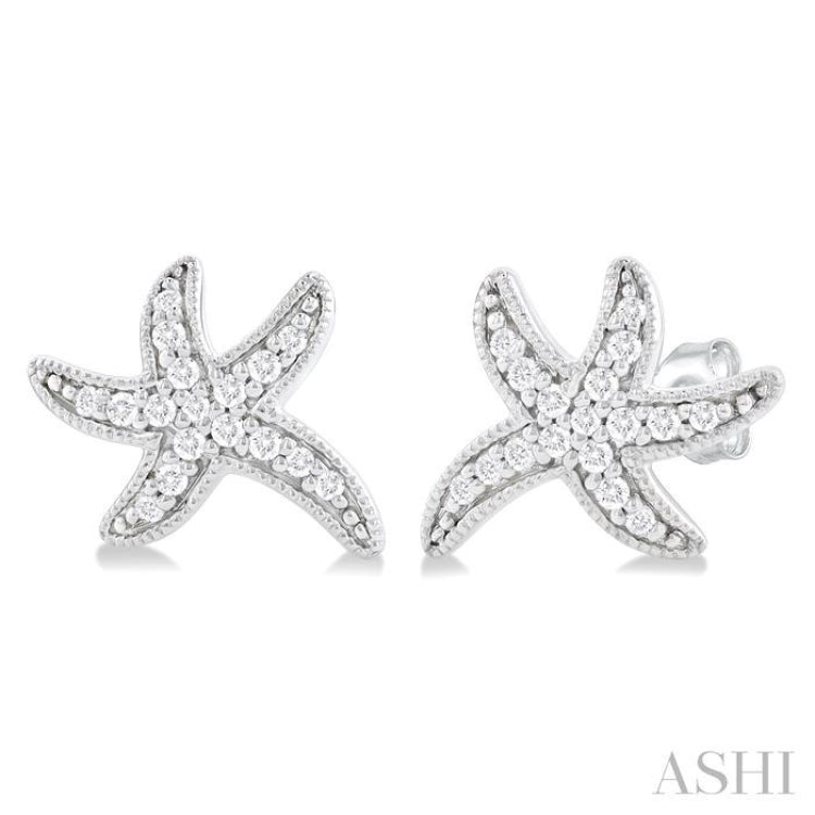 1/8 Ctw Petite Milgrain Starfish Round Cut Diamond Fashion Stud Earring in 10K White Gold