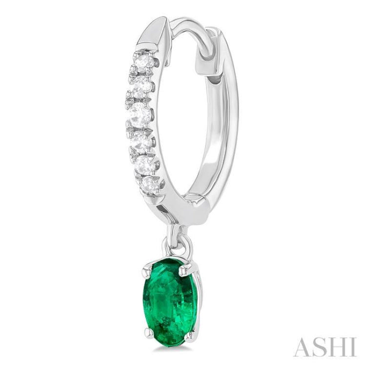 5x3 MM Oval Cut Emerald and 1/8 Ctw Petite Round Cut Diamond Precious Fashion Huggies in 10K White Gold
