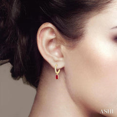 5x3 MM Emerald Cut Drop Ruby and 1/8 Ctw Petite Round Cut Diamond Precious Fashion Huggies in 10K Yellow Gold