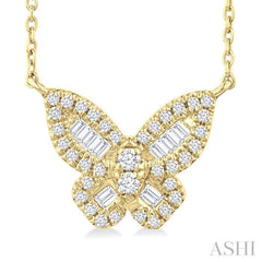 1/3 Ctw Petite Butterfly Baguette and Round Cut Diamond Fashion Pendant With Chain in 10K Yellow Gold
