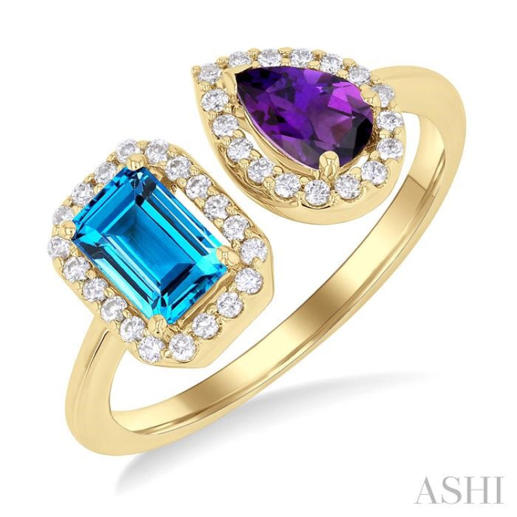 6X4 MM Emerald Cut Blue Topaz and Pear Cut Amethyst and 1/5 Ctw Open Toi Et Moi Round Cut Diamond Halo Fashion Ring in 14K Yellow Gold