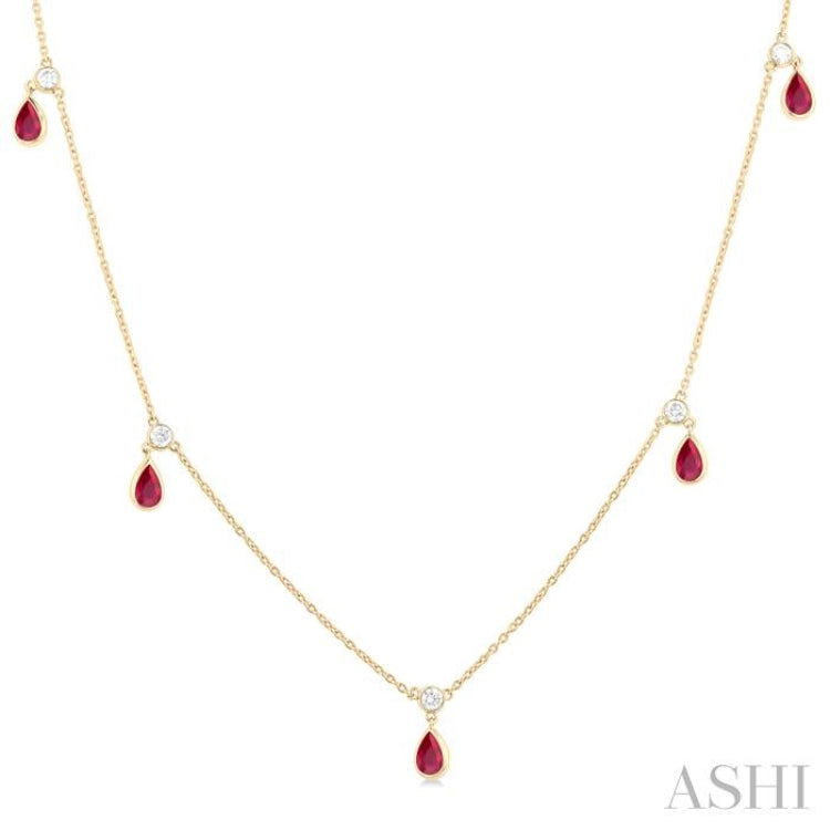 5x3 MM Pear Shape Ruby and 1/4 Ctw Round Cut Diamonds Precious Station Necklace in 14K Yellow Gold