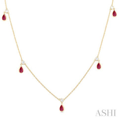 5x3 MM Pear Shape Ruby and 1/4 Ctw Round Cut Diamonds Precious Station Necklace in 14K Yellow Gold