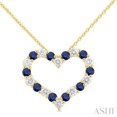 2.3 MM Round Cut Sapphire and 1/2 Ctw Open Heart Round Cut Diamond Precious Fashion Pendant With Chain in 14K Yellow Gold