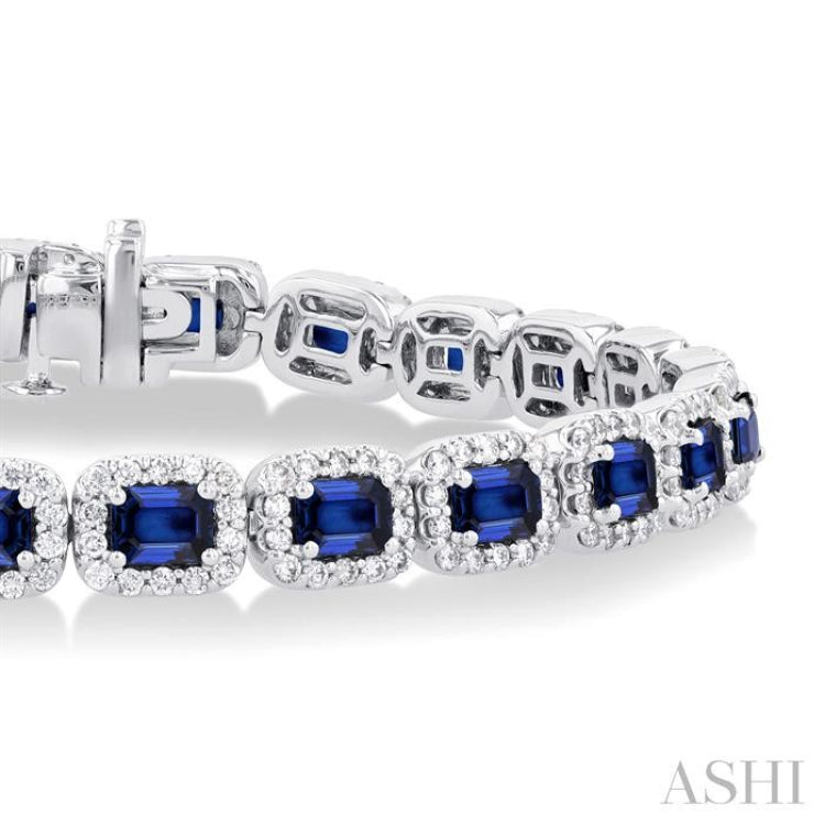 4X3 MM Emerald Cut Sapphire and 2 1/5 Ctw Round Cut Diamond Halo Precious Bracelet in 14K White Gold