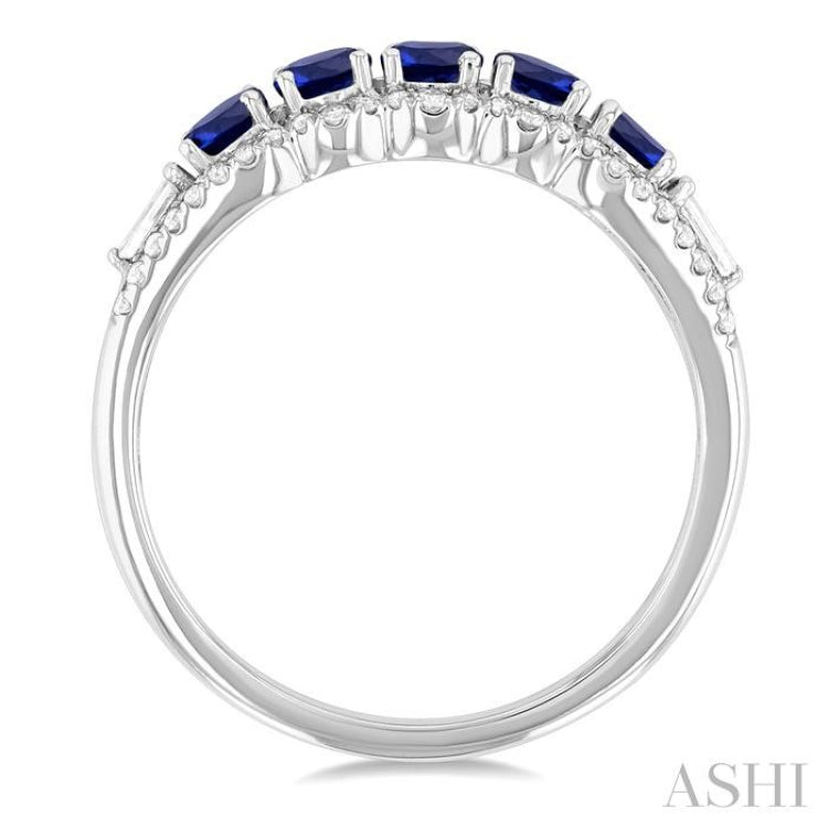 3.1 MM Round Sapphire and 1/4 Ctw Baguette and Round Cut Diamond 5-Stone Precious Ring in 14K White Gold