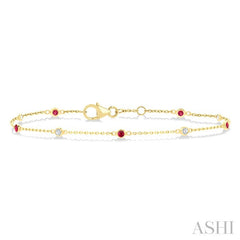 1.8 MM Ruby and 1/10 Ctw Bezel Set Round Cut Diamond Precious Gemstone Station Bracelet in 14K Yellow Gold