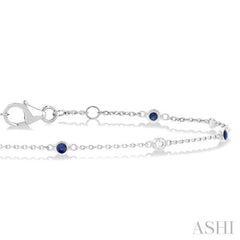 1.8 MM Sapphire and 1/10 Ctw Bezel Set Round Cut Diamond Precious Gemstone Station Bracelet in 14K White Gold