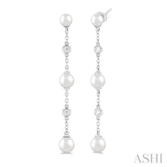 4 MM, 5 MM & 6 MM Round Shape Cultured Pearls and 1/10 Ctw Round Cut Diamond Station Long Earring in 14K White Gold