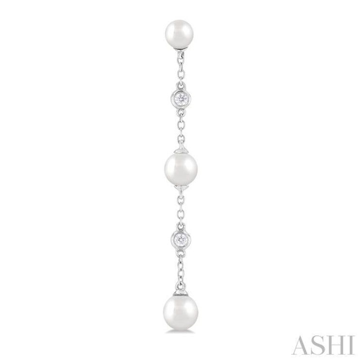 4 MM, 5 MM & 6 MM Round Shape Cultured Pearls and 1/10 Ctw Round Cut Diamond Station Long Earring in 14K White Gold