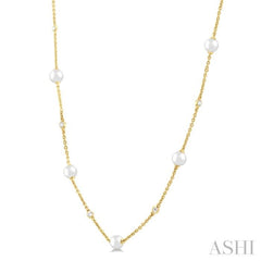 3 MM Round Shape Cultured Pearl and 1/8 Ctw Round Cut Diamond Station Necklace in 14K Yellow Gold