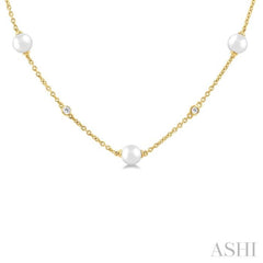 3 MM Round Shape Cultured Pearl and 1/8 Ctw Round Cut Diamond Station Necklace in 14K Yellow Gold