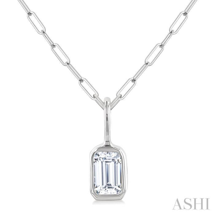 1/5 Ctw Emerald Cut Bezel Set Diamond Fashion Pendant With Paperclip Chain in 14K White Gold
