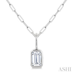 1/5 Ctw Emerald Cut Bezel Set Diamond Fashion Pendant With Paperclip Chain in 14K White Gold