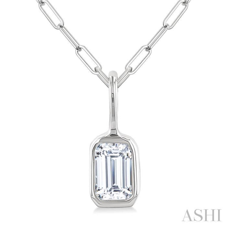 1/5 Ctw Emerald Cut Bezel Set Diamond Fashion Pendant With Paperclip Chain in 14K White Gold