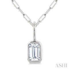1/5 Ctw Emerald Cut Bezel Set Diamond Fashion Pendant With Paperclip Chain in 14K White Gold