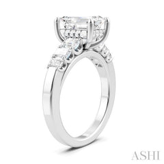 1 Ctw Emerald Shape Emerald and Round Cut Diamond Semi-Mount Engagement Ring in 14K White Gold