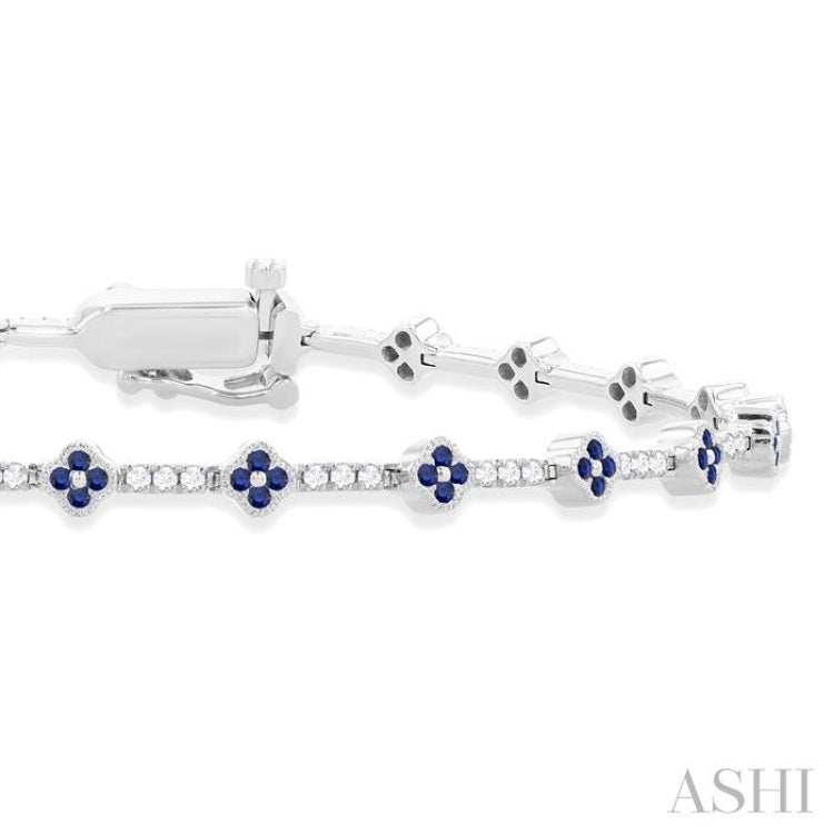 1 MM Round Shape Sapphire and 1/2 Ctw Clover Leaf & Bar Link Round Cut Diamond Precious Bracelet in 14K White Gold