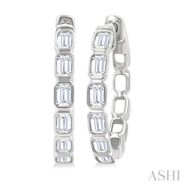 1 1/10 Ctw Bezel Set Emerald Cut Diamond Fashion Hoop Earrings in 14K White Gold