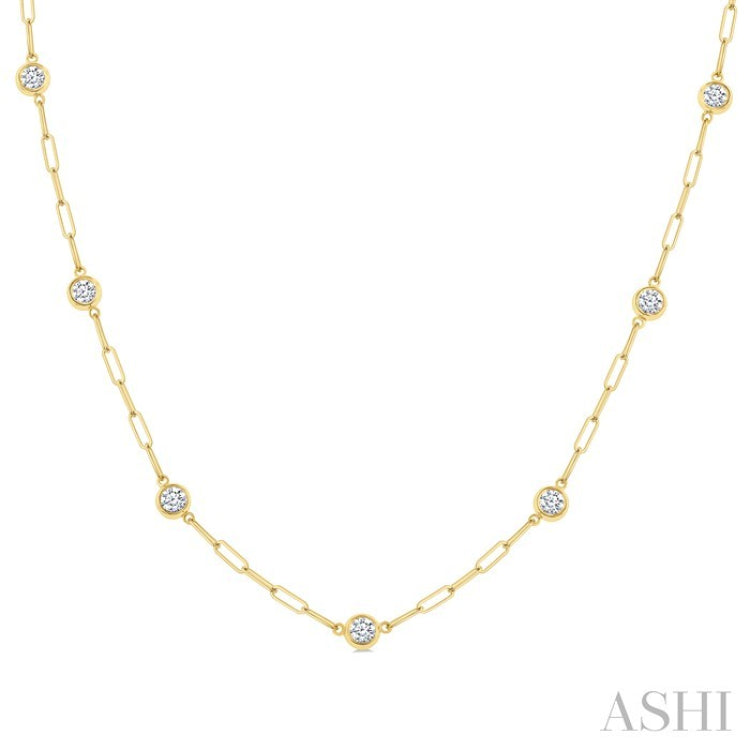 1 Ctw Bezel Set Round Cut Diamond Paperclip Station Necklace in 14K Yellow Gold