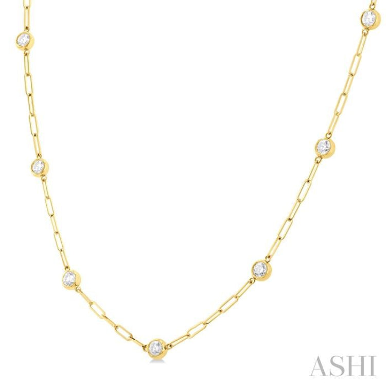 1 Ctw Bezel Set Round Cut Diamond Paperclip Station Necklace in 14K Yellow Gold