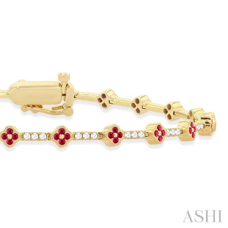 1 MM Round Shape Ruby and 1/2 Ctw Clover Leaf & Bar Link Round Cut Diamond Precious Bracelet in 14K Yellow Gold