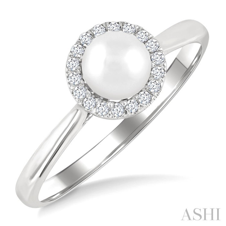 5 MM White Cultured Pearl and 1/20 Ctw Round Cut Diamond Halo Ring in 10K White Gold