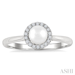 5 MM White Cultured Pearl and 1/20 Ctw Round Cut Diamond Halo Ring in 10K White Gold