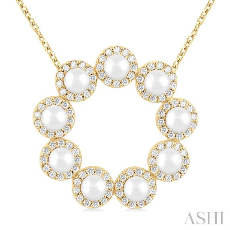 3 MM Round Shape Cultured Pearl and 1/3 Ctw Round Cut Diamond Circle Halo Pendant With Chain in 14K Yellow Gold