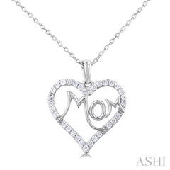 1/4 Ctw 'MOM' Heart Frame Round Cut Diamond Fashion Pendant With Chain in 10K White Gold