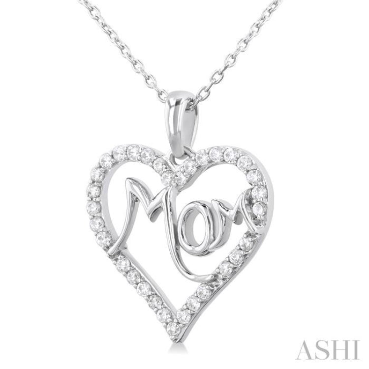 1/4 Ctw 'MOM' Heart Frame Round Cut Diamond Fashion Pendant With Chain in 10K White Gold