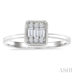 1/6 Ctw Petite Bezel Set Emerald Shape Fusion Baguette and Round Cut Diamond Fashion Ring in 10K White Gold