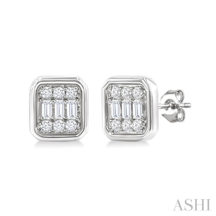 1/5 Ctw Petite Bezel Set Emerald Shape Fusion Baguette and Round Cut Diamond Fashion Stud Earring in 10K White Gold