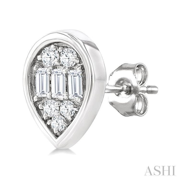 1/5 Ctw Petite Bezel Set Pear Shape Fusion Baguette and Round Cut Diamond Fashion Stud Earring in 10K White Gold