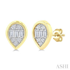 1/5 Ctw Petite Bezel Set Pear Shape Fusion Baguette and Round Cut Diamond Fashion Stud Earring in 10K Yellow Gold