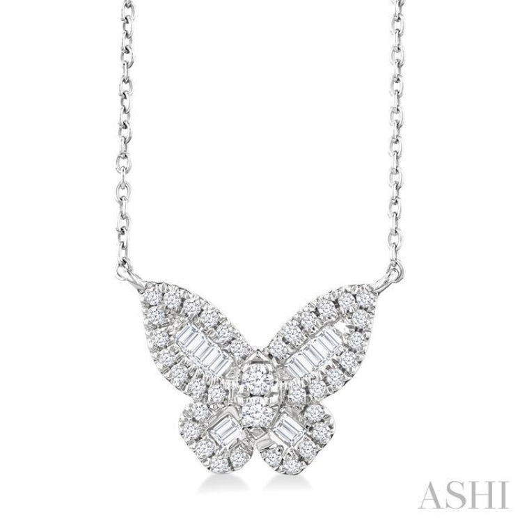 1/3 Ctw Petite Butterfly Baguette and Round Cut Diamond Fashion Pendant With Chain in 14K White Gold