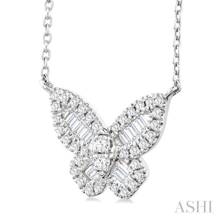 1/3 Ctw Petite Butterfly Baguette and Round Cut Diamond Fashion Pendant With Chain in 14K White Gold