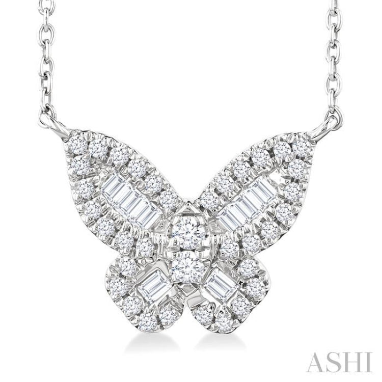 1/3 Ctw Petite Butterfly Baguette and Round Cut Diamond Fashion Pendant With Chain in 14K White Gold