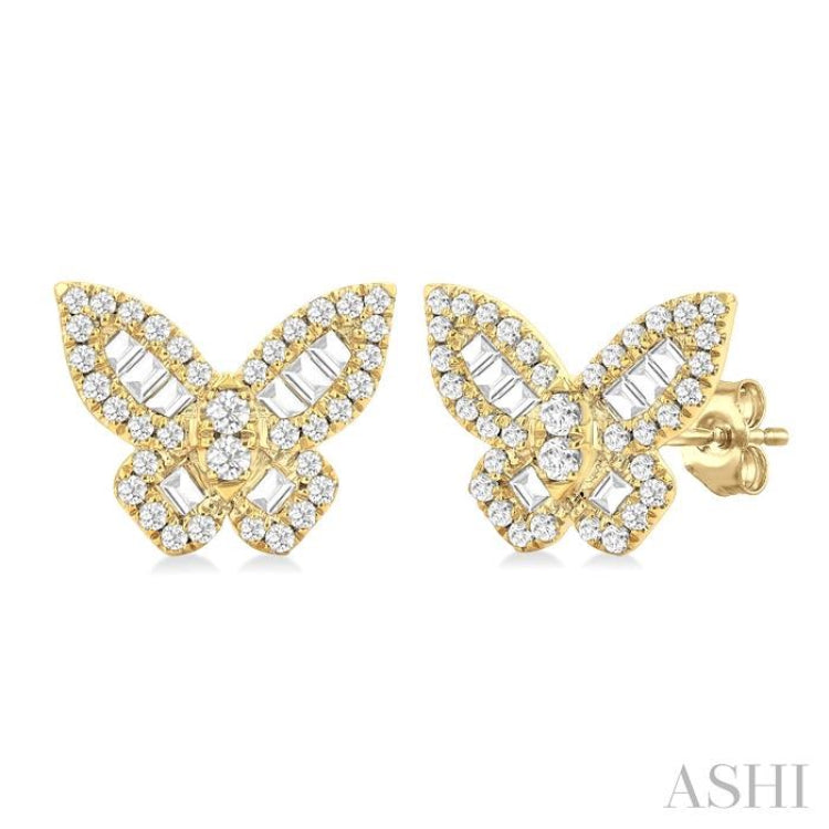 1/2 Ctw Butterfly Petite Baguette and Round Cut Diamond Butterfly Petite Fashion Stud Earring in 14K Yellow Gold