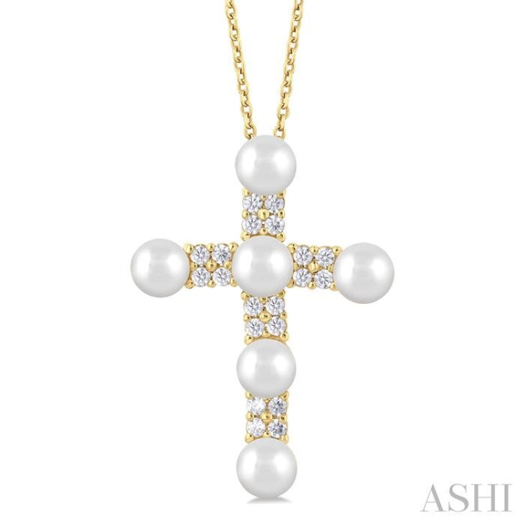 4 MM Cross Cultured Pearl and 1/5 Ctw Round Cut Diamond Semi-Precious Fashion Pendant With Chain in 10K Yellow Gold
