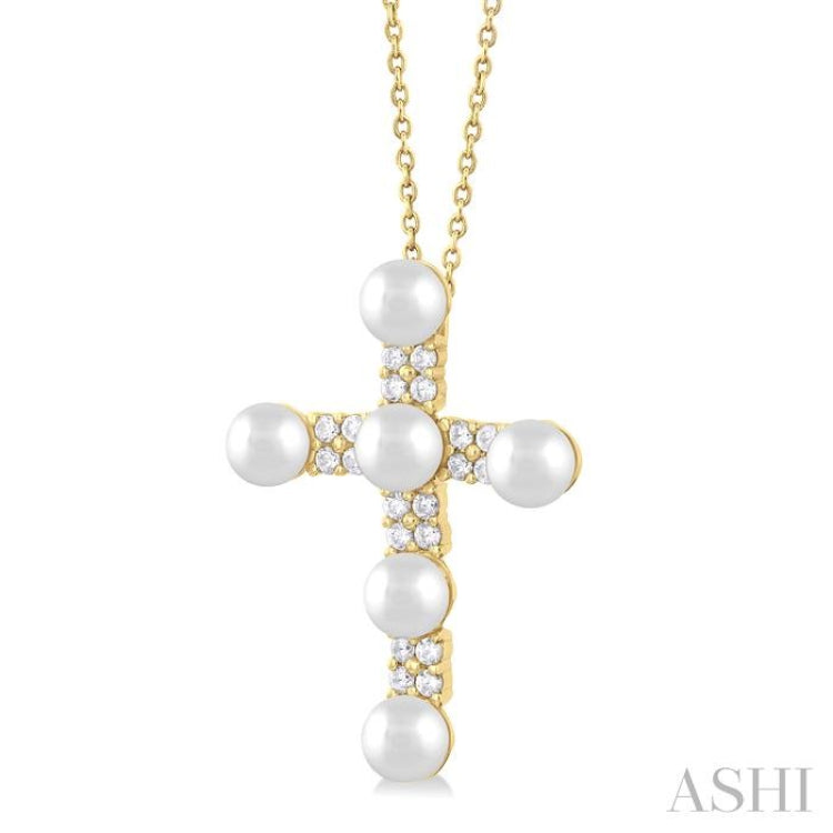 4 MM Cross Cultured Pearl and 1/5 Ctw Round Cut Diamond Semi-Precious Fashion Pendant With Chain in 10K Yellow Gold