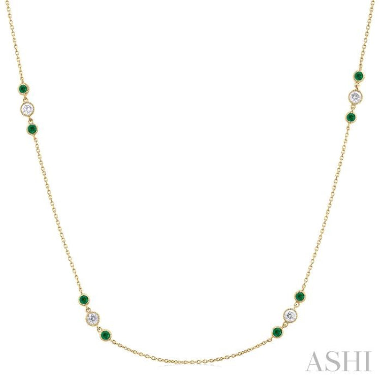 2.25 MM Emerald and 1/2 Ctw Round Cut Diamond Precious Station Necklace in 14K Yellow Gold