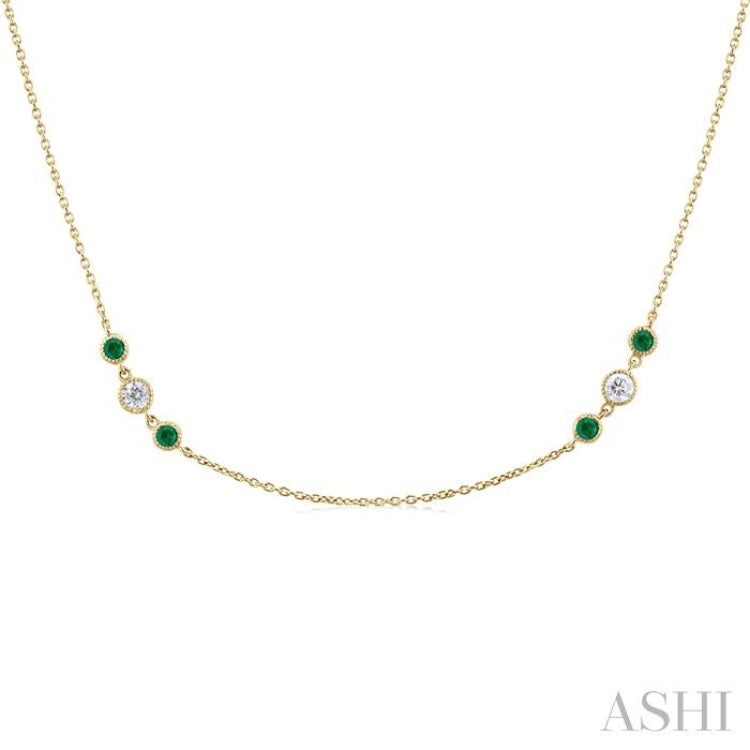2.25 MM Emerald and 1/2 Ctw Round Cut Diamond Precious Station Necklace in 14K Yellow Gold