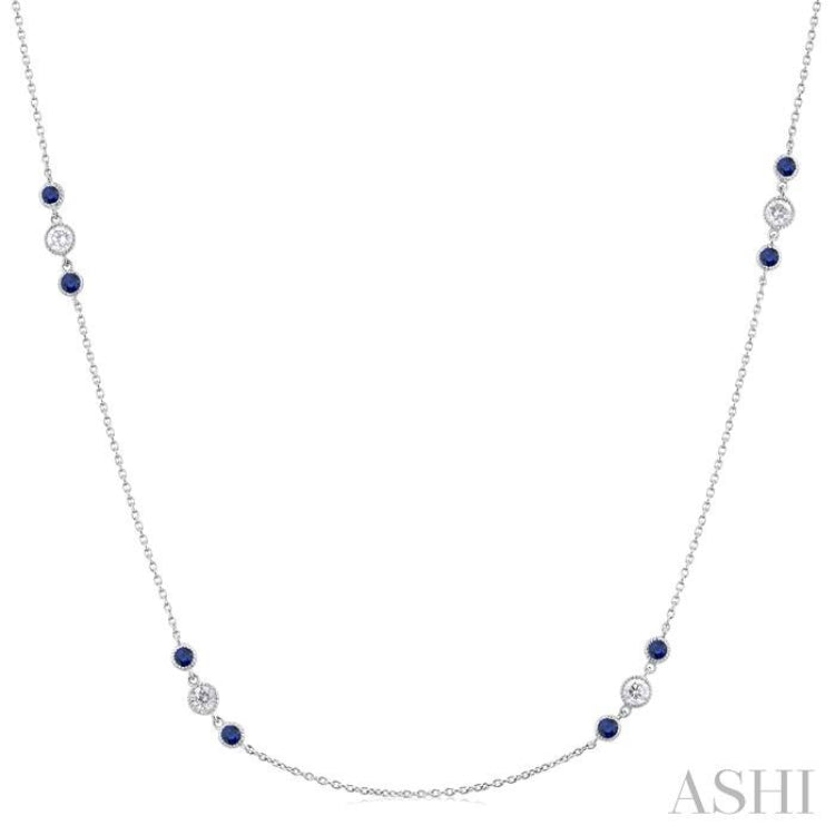 2.25 MM Sapphire and 1/2 Ctw Round Cut Diamond Precious Station Necklace in 14K White Gold