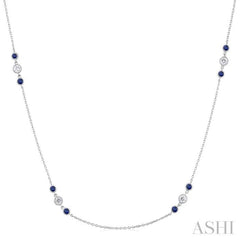2.25 MM Sapphire and 1/2 Ctw Round Cut Diamond Precious Station Necklace in 14K White Gold