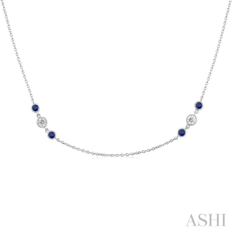 2.25 MM Sapphire and 1/2 Ctw Round Cut Diamond Precious Station Necklace in 14K White Gold