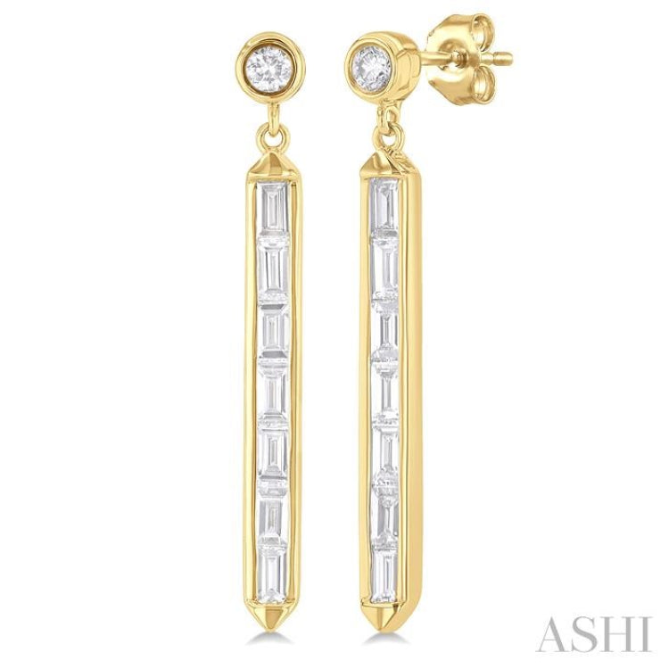 5/8 Ctw Vertical Bar Baguette and Round Cut Diamond Long Fashion Earrings in 14K Yellow Gold