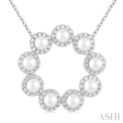 3 MM Round Shape Cultured Pearl and 1/3 Ctw Round Cut Diamond Halo Pendant With Chain in 14K White Gold